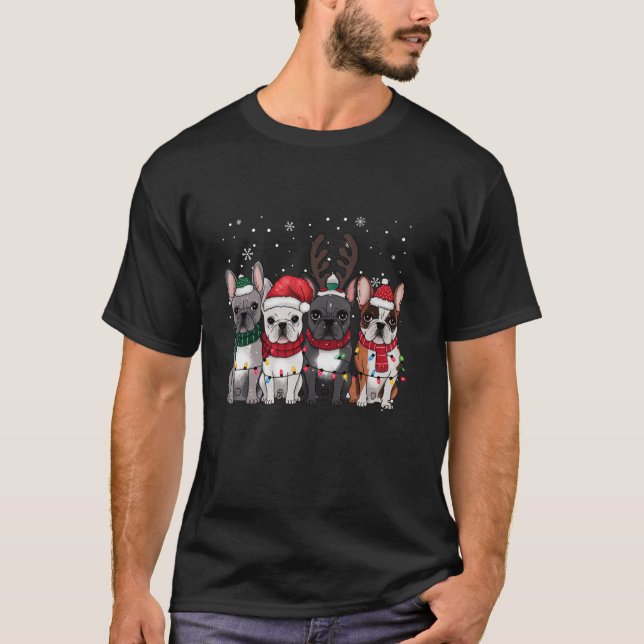 Santa French Bulldog reindeer Light Christmas Xmas T-Shirt (Front)