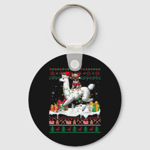Santa French Bulldog Riding Llama Christmas Sweate Key Ring