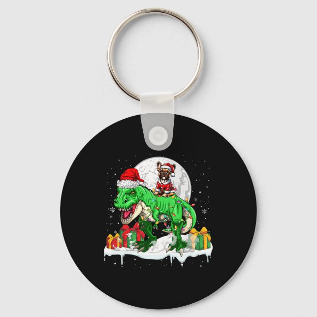 Santa French Bulldog Riding T-rex Christmas Owner  Key Ring (Front)