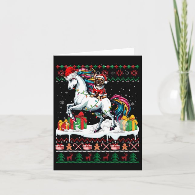 Santa French Bulldog Riding Unicorn Christmas Swea Card (Front)