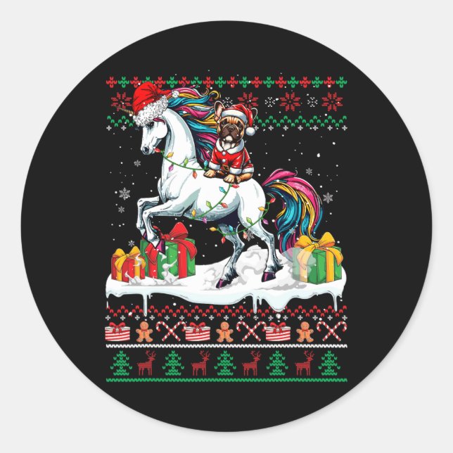 Santa French Bulldog Riding Unicorn Christmas Swea Classic Round Sticker (Front)