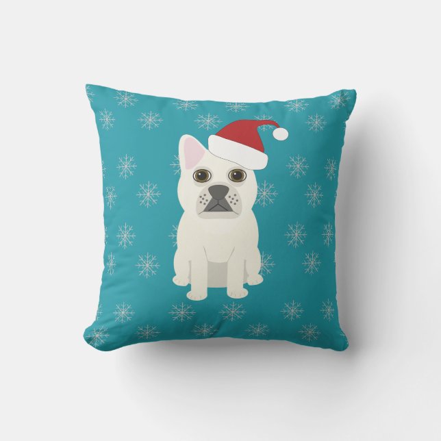 Santa Frenchie, Snowflakes Blue Cushion (Front)