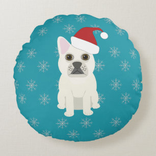 Santa Frenchie, Snowflakes Blue Round Cushion