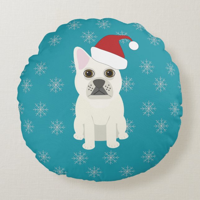 Santa Frenchie, Snowflakes Blue Round Cushion (Front)