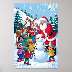 Santa & Frosty Friends Whimsical Art Poster