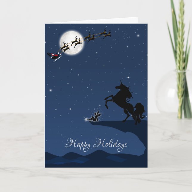 Santa, Full Moon, Unicorn and Fairy Christmas Holiday Card (Front)