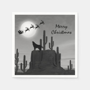 Santa Full Moon Wolf Desert Southwestern Christmas Napkin