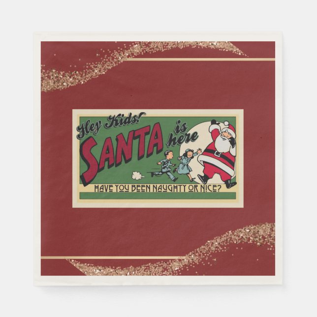 Santa Funny Retro Glitter Red Naughty/Nice Paper Napkin (Front)