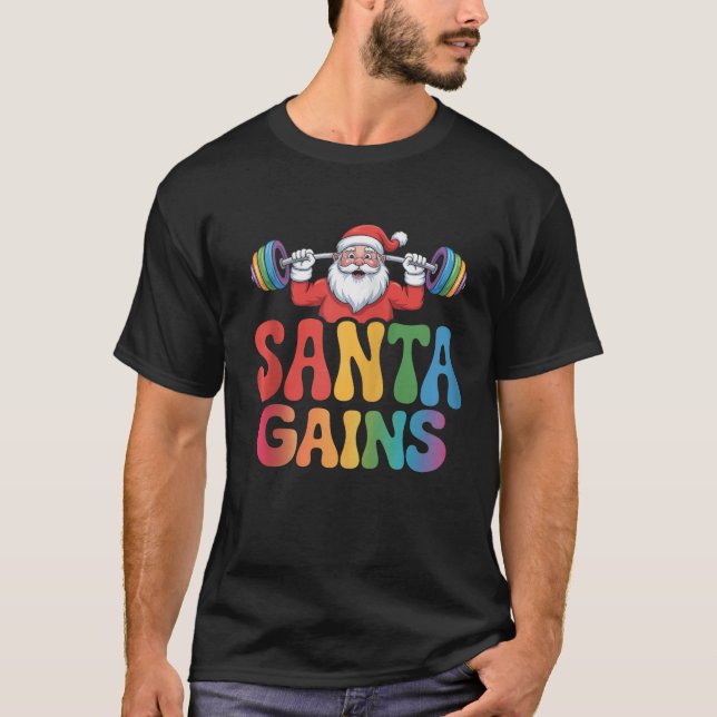 Santa Gains festive barbell lifting holiday cheer  T-Shirt (Front)
