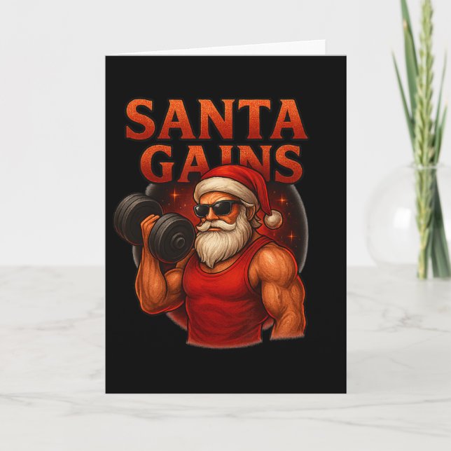 Santa Gains Funny Christmas Workout Design  Card (Front)