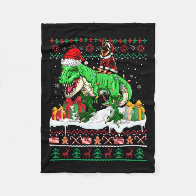 Santa German Shepherd Riding T-rex Christmas Sweat Fleece Blanket (Front)