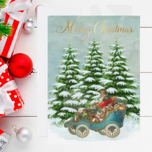 Santa Gifts in his Car Snow Trees Vintage FLAT Holiday Card