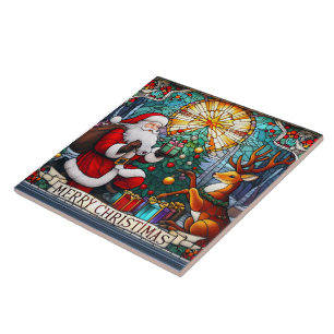 Santa gifts joy to a reindeer by a Christmas tree Tile