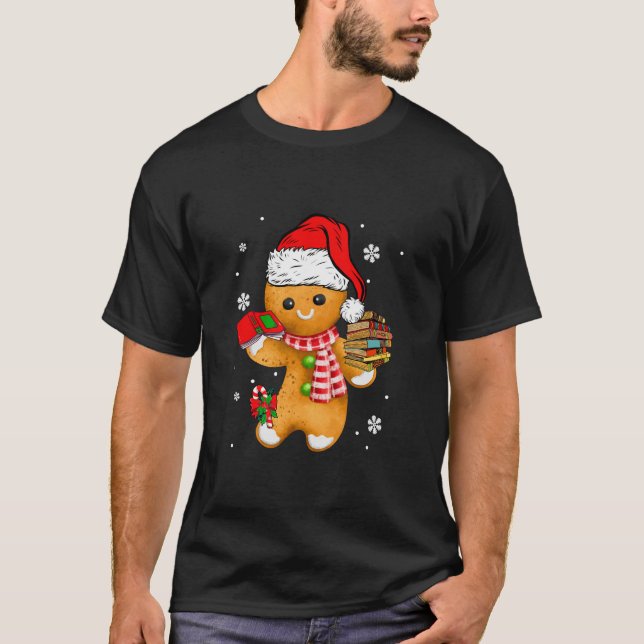 Santa Gingerbread Librarian Holding Books Xmas Coo T-Shirt (Front)