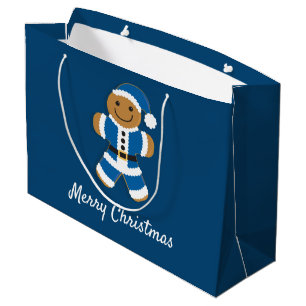 Santa Gingerbread Man Blue   Large Gift Bag