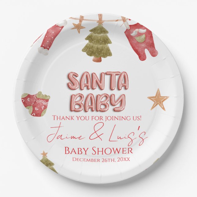 Santa Girl Boy Holiday Baby Shower   Paper Plate (Front)