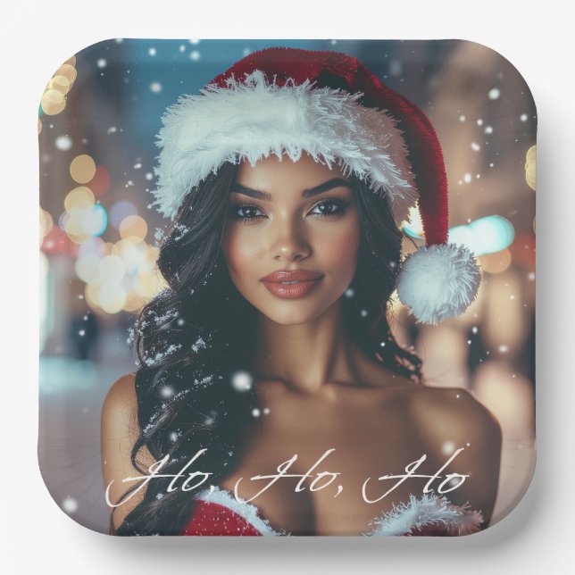 Santa Girl - Ho Ho Ho - Christmas Paper Plate (Front)
