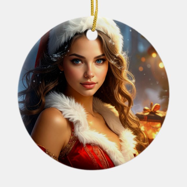 Santa Girl in Christmas Revery Ceramic Tree Decoration (Front)