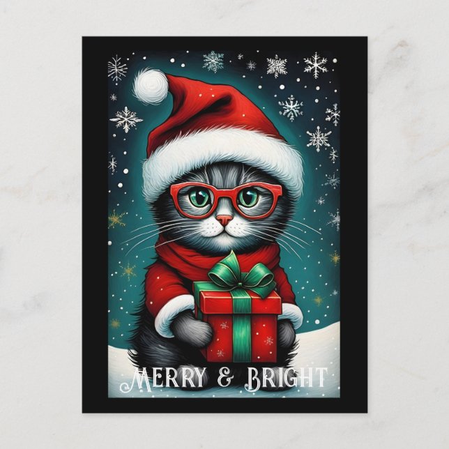 Santa Glasses Cute Kitty Gift Snowy Christmas  Postcard (Front)