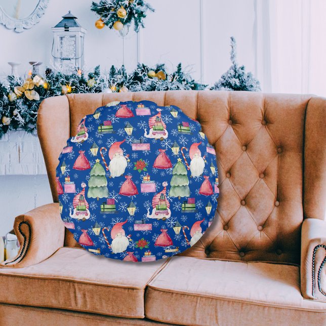 Santa Gnome for Holidays Pattern Blue Background Round Cushion (Santa Gnome for Holidays Pattern Blue Background Round Pillow)