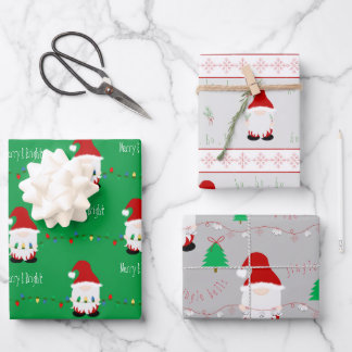 Santa Gnome Wrapping Paper Flat Sheet Set of 3