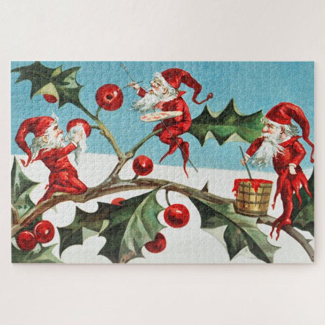Santa gnomes painting holly berries jigsaw puzzle (Horizontal)