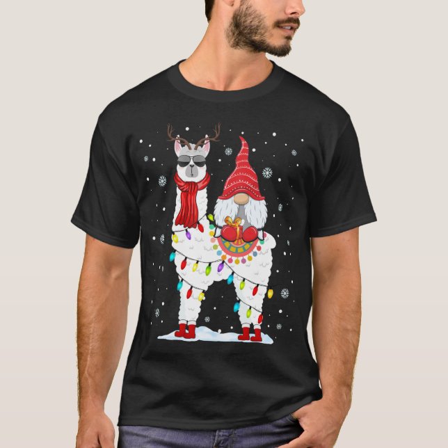 Santa Gnomes Riding Llama Reindeer Christmas Light T-Shirt (Front)