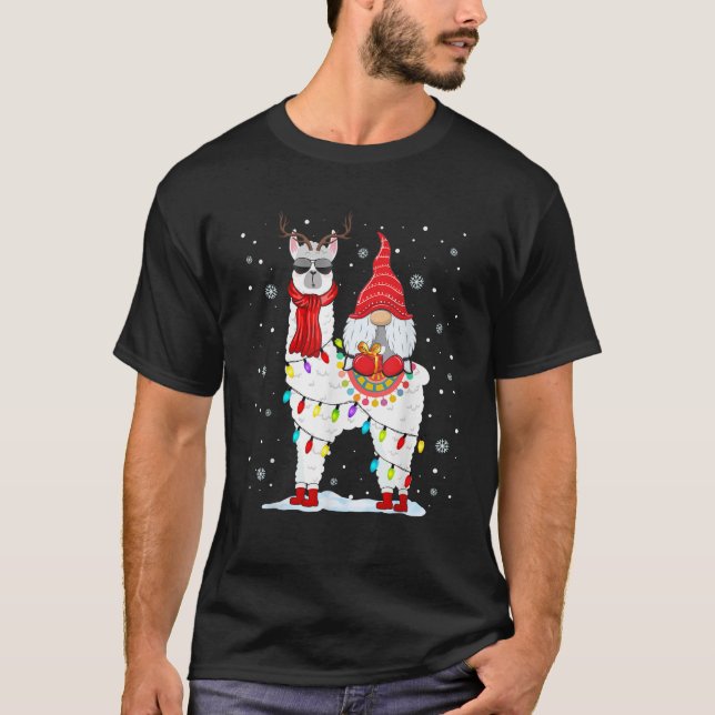 Santa Gnomes Riding Llama Reindeer Christmas Light T-Shirt (Front)