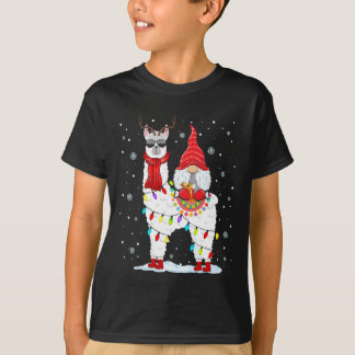 Santa Gnomes Riding Llama Reindeer Christmas Light T-Shirt