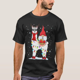 Santa Gnomes Riding Llama Reindeer Christmas Light T-Shirt