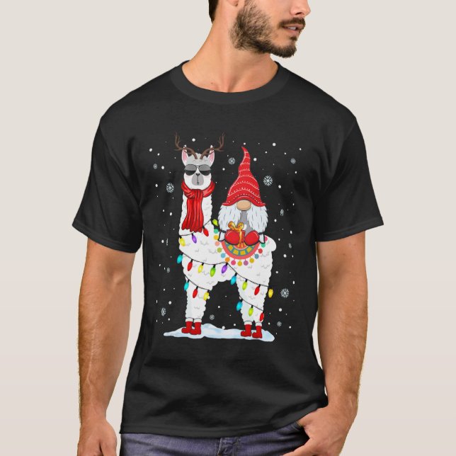 Santa Gnomes Riding Llama Reindeer Christmas Light T-Shirt (Front)