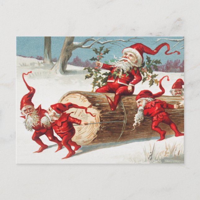 Santa gnomes sliding on a log postcard (Front)