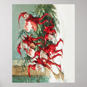 Santa gnomes sweeping snow poster