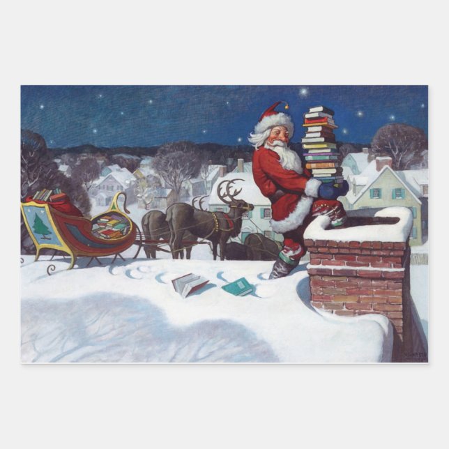 Santa Going Down Chimney with Books Wrapping Paper Sheet (Front 2)