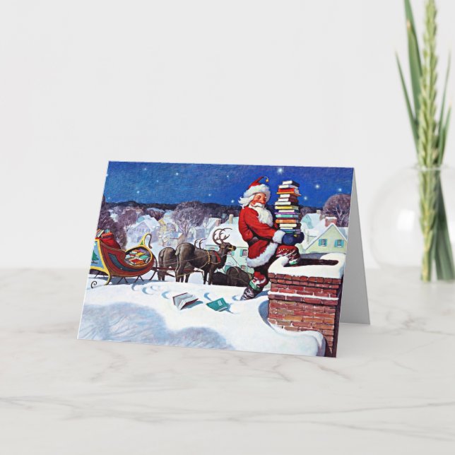 Santa going down the chimney to deliver books card (Front)