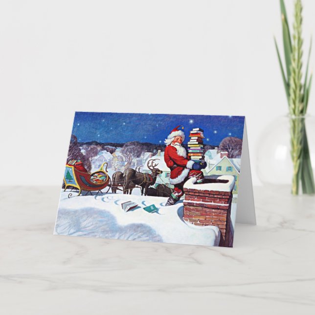 Santa going down the chimney to deliver books holiday card (Front)