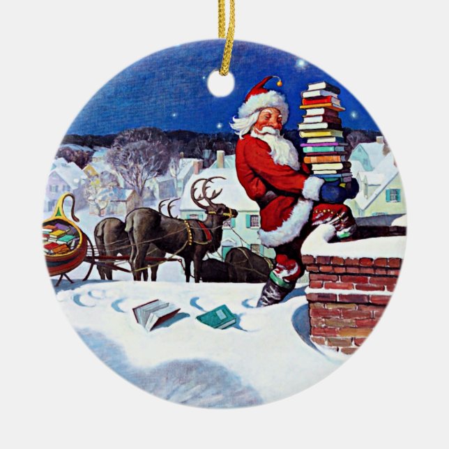 Santa going down the chimney with books ceramic tree decoration (Front)