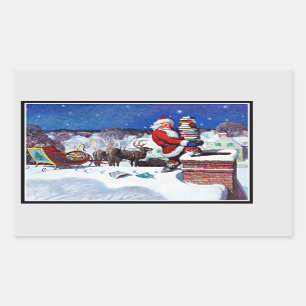 Santa going down the chimney with books rectangular sticker