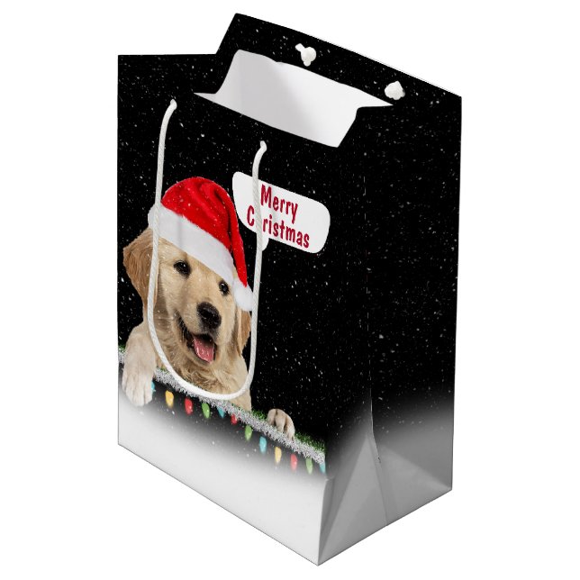 Santa Golden Retriever in Snowflakes Medium Gift B Medium Gift Bag (Front Angled)