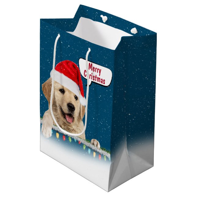 Santa Golden Retriever in Snowflakes Medium Gift Bag (Front Angled)