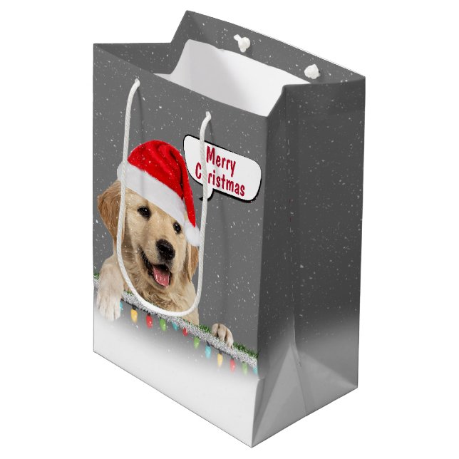 Santa Golden Retriever in Snowflakes Medium Gift Bag (Front Angled)