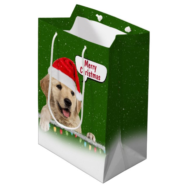 Santa Golden Retriever in Snowflakes Medium Gift Bag (Front Angled)