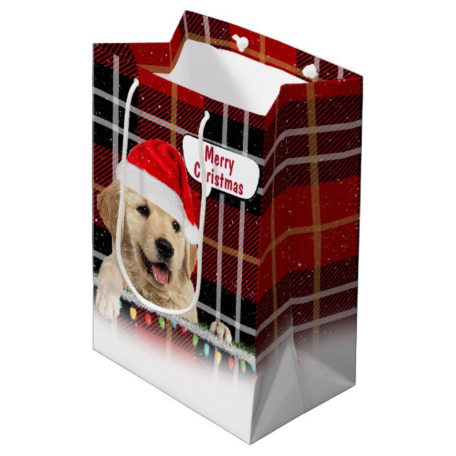 Santa Golden Retriever On Plaid Medium Gift Bag (Front Angled)