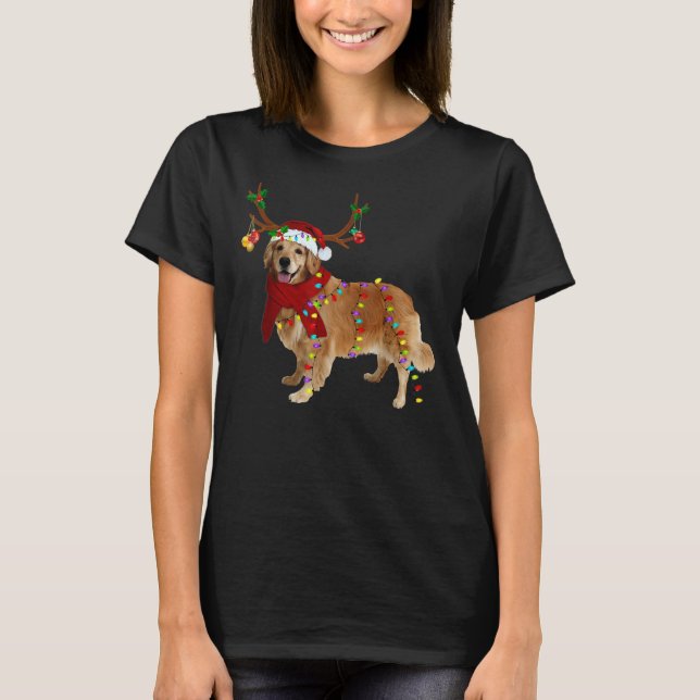 Santa Golden Retriever Reindeer Light Christmas T-Shirt (Front)
