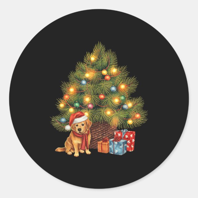 Santa Golden Retriever Tree Christmas Lights Dog X Classic Round Sticker (Front)