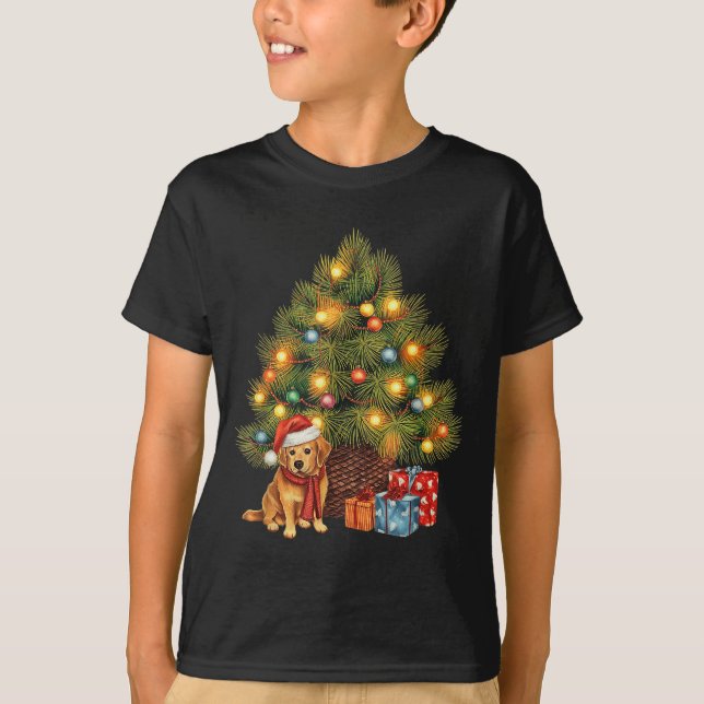 Santa Golden Retriever Tree Christmas Lights Dog X T-Shirt (Front)