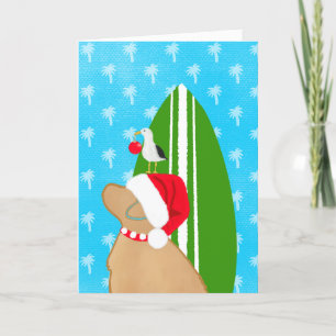 Santa Golden Surfboard Dog Seagull Christmas Card