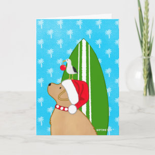 Santa Golden Surfboard Dog Seagull Christmas Card