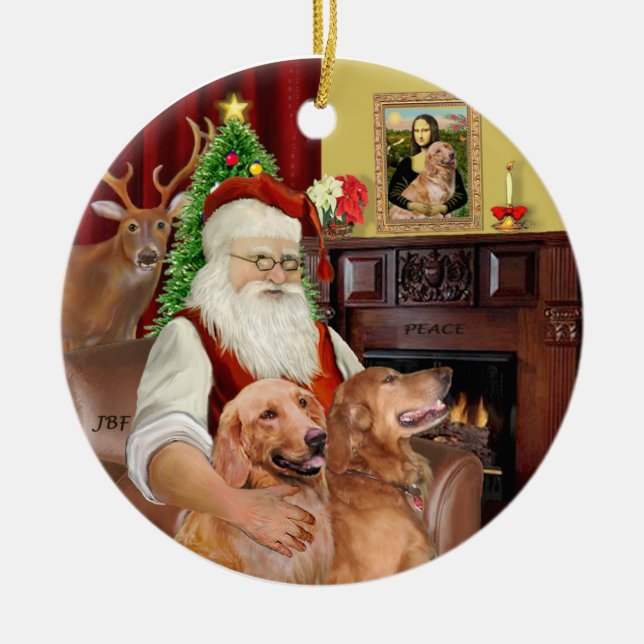 Santa - GoldenRetriever (TWO-B) Ceramic Tree Decoration (Front)
