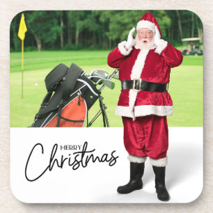 Santa golfer on green Christmas Party  Coaster